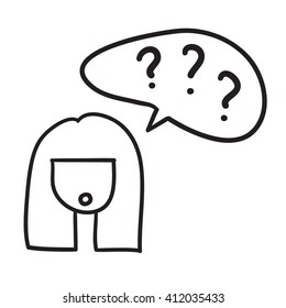 Woman face with question mark vector icon hand drawn doodle illustration black lines
