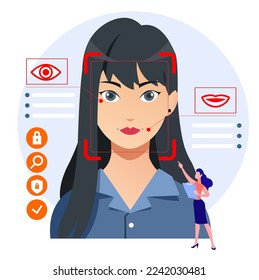 Woman with face recognition concept illustration from sensor technology machine learning ai reading face. Face detection concept technology.
