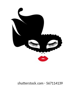 Woman face with red lips in black mask for Beauty Logo, sign, symbol, icon for salon, spa salon, hairdressing, firm company or center. Vector illustration