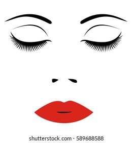 Woman face with red lips and closed eyes. Beauty Logo sign or symbol  for salon, spa salon, hairdressing, firm company or center. Vector illustration