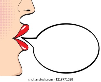 Woman face with red lips and empty speech bubble on white, stock vector illustration