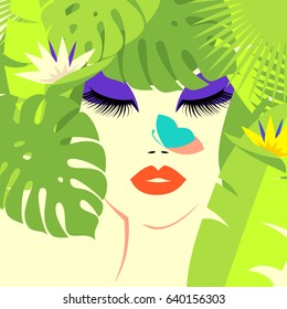 Woman face with red lips and lush eyelashes, with tropical leaves and flowers in hairs and butterfly on the nose, on jungle background in flat style. Colorful vector illustration.