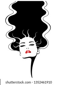 Woman face with red lips. Vector fashion illustration. Woman black silhouette