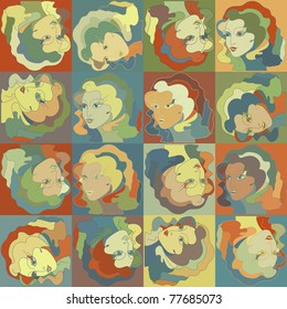 Woman Face - Retro Style, Seamless Pattern. EPS 8