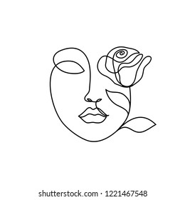 woman face with rose flower. Continuous line drawing