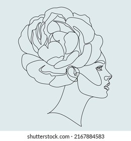 woman face with rose flower. Continuous drawing of flower head eauty salon logo. Feminine portrait with roses