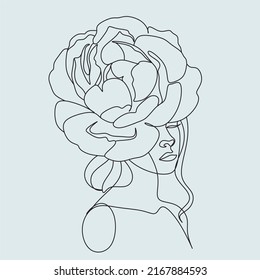 woman face with rose flower. Continuous drawing of flower head eauty salon logo. Feminine portrait with roses