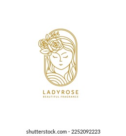 woman face with rose flower, line art style logo design