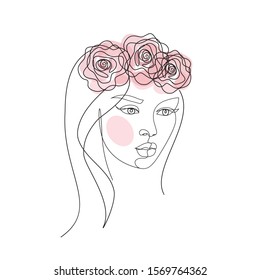 Woman face with roses continuous line drawing art