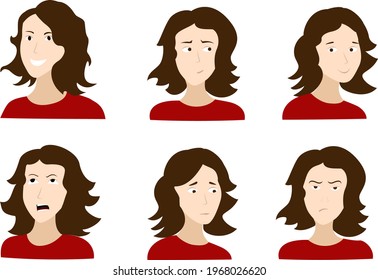 woman face sad and happy various emotions. Before and after reaction of a human mood. Character design. Flat vestor illustration