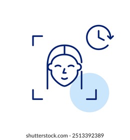 Woman face scan and clock. Real time facial authentication. Biometric id. Pixel perfect, editable stroke icon