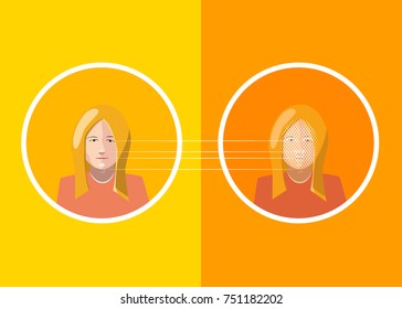 Woman face scan identification, flat concept illustration