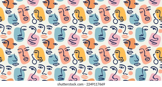 Woman face seamless pattern illustration. Diverse woman faces in abstract art style, continuous line doodles of beautiful female facial features. Trendy flat cartoon background.