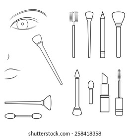 Woman face with set of brushes for makeup, outlined, black isolated on white background, vector illustration.