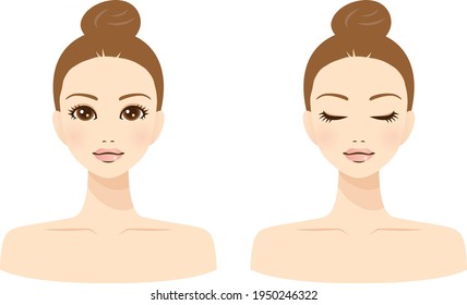 Woman Face Set Of Open And Closed Eyes - Front Side, High Bun, Decollete.