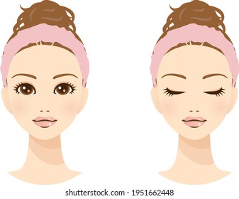 Woman face set of open and closed eyes - front side, messy bun and hair band.