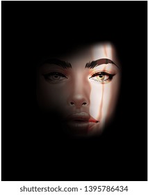 woman face in shadow illustration, girl face in shade art concept.