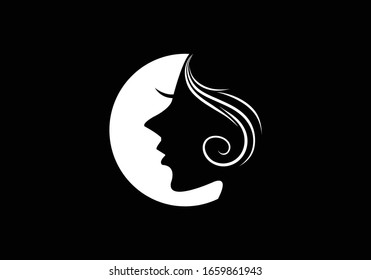 Woman face in a shape of moon vector, Beauty and spa logo concept 