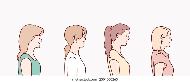 woman face side view. Hand drawn style vector design illustrations.