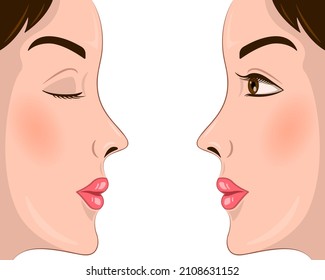 woman face side view with open and closed eyes cartoon style