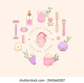 Woman face silhouette among cosmetics gadgets,face and body skin care products- facial roller, massager, lip balm,oil,scrub,perfume. Cosmetic self-care.Advertising a beauty salon.Vector illustration.