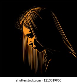 Woman face silhouette in backlight. Vector. Illustration.