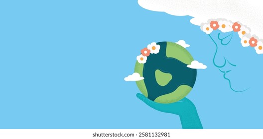 Woman face silhouette, Earth illustration, hand holding planet to save the world, Save the planet, World Environment Day, Love our nature