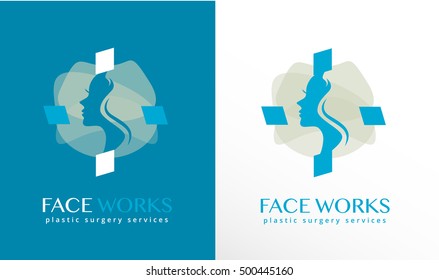 WOMAN FACE SILHOUETTE , INSIDE AN ABSTRACT CROSS SHAPE, MODERN LOGO / ICON