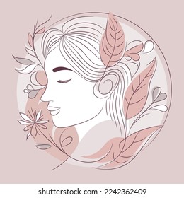 woman face silhouette with leaves and flowers line art. Flower Head Woman Line Drawing. Minimalist Art. Beauty Salon and spa concept.