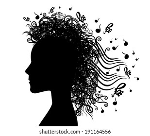 woman face silhouette and musical graphic background illustration