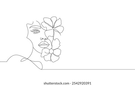 Woman face silhouette one line continuous. Line art female face with flowers. Hand drawn pretty woman's face minimalistic portrait for logo, emblem, web banner. Vector illustration isolated on white.