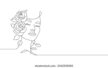 Woman face silhouette one line continuous. Line art female face with flowers. Hand drawn pretty woman's face minimalistic portrait for logo, emblem, web banner. Vector illustration isolated on white.