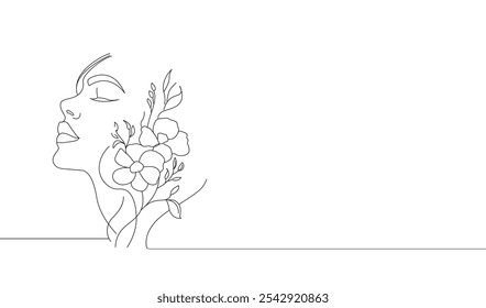 Mulher face silhueta uma linha contínua. Linha arte rosto feminino com flores. Retrato minimalista de rosto de mulher bonita desenhado à mão para logotipo, emblema, banner web. Ilustração vetorial isolada em branco.