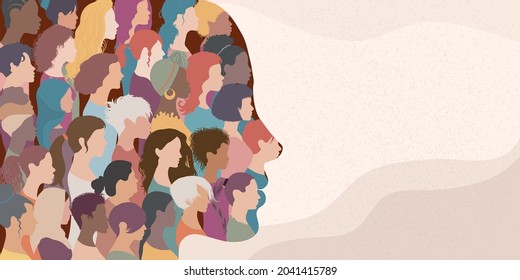 Frauen Gesicht Silhouette in Profil mit Gruppen von multikulturellen und multiethnischen Frauen in der Mitte. Konzept der Rassengleichheit Anti-Rassismus und eine Frau, die Stimme zu anderen Frauen. Allyship