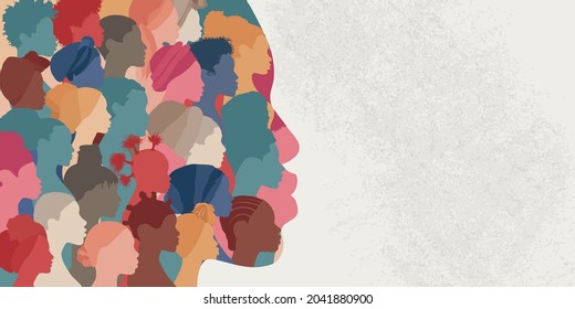 Woman face silhouette in profile with a group of African and African American women faces inside.Concept of racial equality antiracism and a woman who gives a voice to other women.Allyship