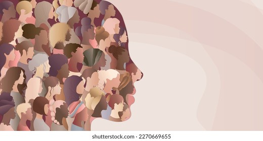 Woman face silhouette in profile with group of multicultural and multiethnic women faces inside.Racial equality anti-racism concept. Woman who gives voice to other group women.Inclusive