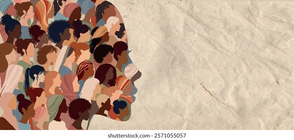 Woman face silhouette in profile with group of multicultural women faces inside.Racial equality anti-racism concept. Woman who gives voice to other group women.Inclusive