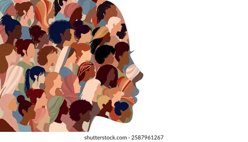 Woman face silhouette in profile with group of multicultural women faces inside.Racial equality anti-racism concept. Woman who gives voice to other group women.Inclusive. Isolated