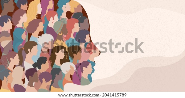 Woman face silhouette in profile with group of\
multicultural and multiethnic women faces inside.Concept of racial\
equality anti-racism and a woman who gives voice to other women.\
Allyship