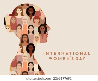 Woman face silhouette in profile with portraits of multicultural and multiethnic women faces inside. International Women's Day concept. 8 March. Woman empowerment, girl power and sisterhood concept.