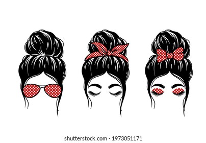 Woman face silhouette set with messy bun, bandana and aviator glasses. Mom life hashtag. Messy Bun, Mom Lifestyle file cut, vector illustration designs.