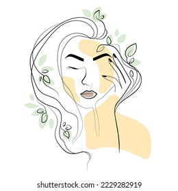 La mujer se enfrenta a una simple línea dibujando ilustraciones vectoriales.Resumen estético.Dibujo facial con peinado con elementos corporales en el pelo.Concepto de moda y belleza,arte minimalista.Retrato abstracto femenino