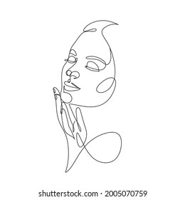 Woman face in single line art style. Continuous one line portrait. Continuous line art Woman face. Elegant minimalistic portrait for prints, tattoos, posters, textiles, postcards. Vector illustration