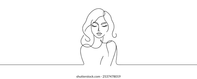 Cara de mulher em estilo de arte de linha única. Retrato contínuo de uma linha. Linha contínua de arte Cara de mulher. Retrato minimalista elegante para impressões, tatuagens, cartazes, têxteis, cartões postais. Ilustração vetorial