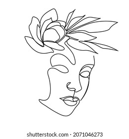 woman face single line drawing with flowers continuous line art a bouquet of flowers in a woman's head, single line art natural cosmetics simple black and white painting artwork

