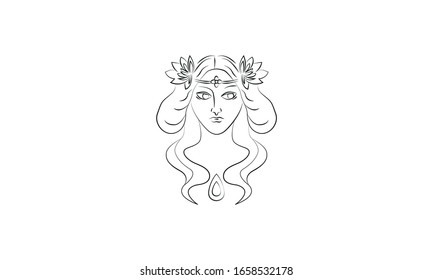 Woman face sketch in Art deco style. Hand drawn portrait of goddess with long hair line art concept. Vintage Hairstyle with fresh flowers. Vector illustration. Isolated