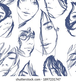 Woman face sketch. Outline girl portrait. Linear seamless pattern