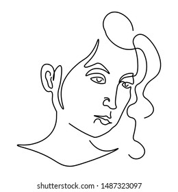 Woman face sketch portrait or avatar, outline art vector. One line drawing or lineart, girl with sad facial expression. Female character isolated icon, creative style, human or person features