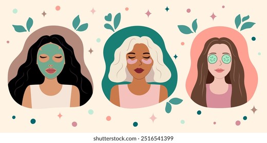 Cuidado de la piel de la cara de la mujer. Rutina de belleza diaria, amor propio y concepto de cuidado personal. Moderna Ilustración vectorial plana.