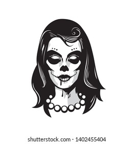 Woman face with a skull make-up on a white background. Skull tattoo.